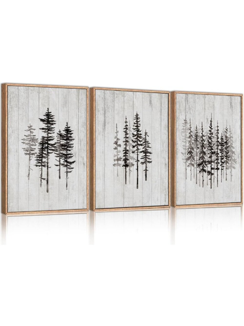 Rustic Minimalist Pine Tree Framed Canvas Wall Art Set - Black & White Forest